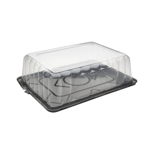 Pactiv Evergreen 4.25” RoseDome Lid and Base with Tab on Long Side for 1/8 Sheet Cake, Black/Clear, 50 ct.