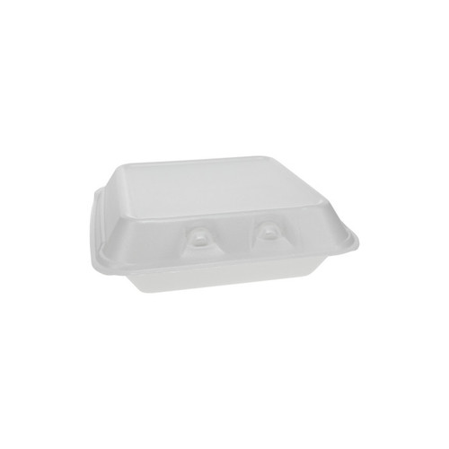 Pactiv Evergreen 7.5 x 8 x 2.6" PS Foam SmartLock Hinged Lid Container, White, 150 ct.