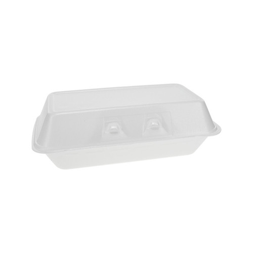 Pactiv Evergreen 9.6 x 5 x 3.3" PS Foam SmartLock Large Hinged Lid Container, White, 150 ct.