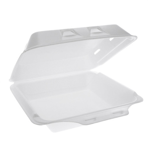 Pactiv Evergreen 9 x 9.5 x 3.3" PS Foam SmartLock Vented Hinged Lid Container, White, 150 ct.