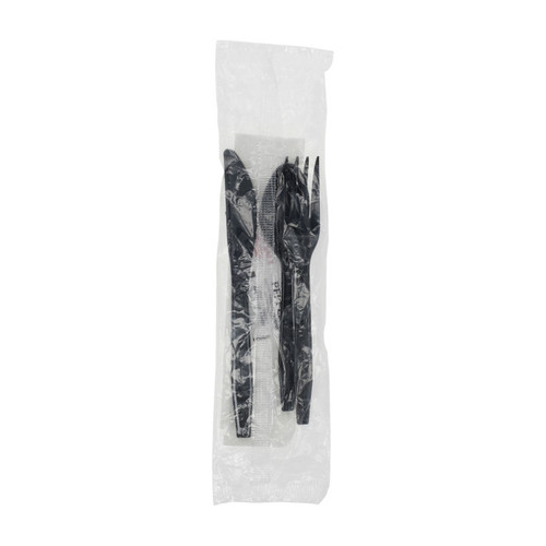 Pactiv Evergreen Meadoware Medium-Heavy Weight Wrapped PS Cutlery Kit (Fork, Spoon, Knife, Napkin, Salt and Pepper), Black, 250 ct.