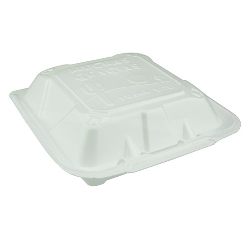 Pactiv Evergreen 9 x 9 x 3" Vented PS Foam Hinged Lid Container, Muchas Gracias Embossed, White, 150 ct.
