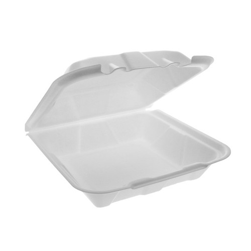 Pactiv Evergreen 9 x 9 x 3" PS Foam Economy Hinged Lid Container, White, 150 ct.