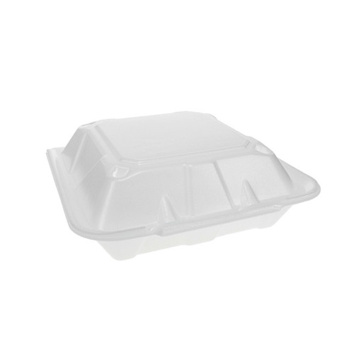 Pactiv Evergreen 9 x 9" PS Foam 3-Compartment Economy Hinged Lid Container, White, 150 ct.