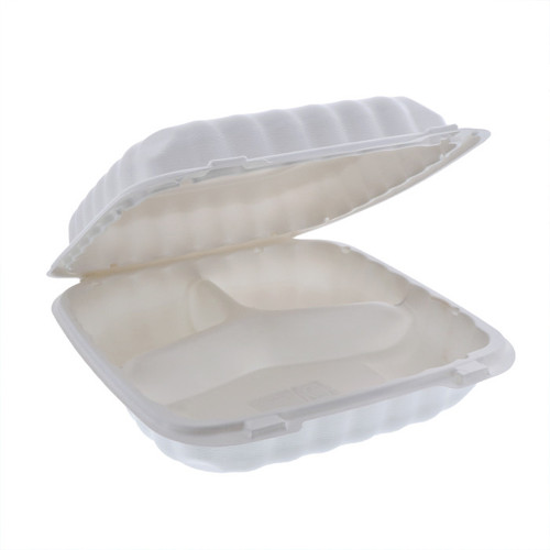 EarthChoice 9 x 9" 3-Compartment MFPP Hinged Lid Container, White, 120 ct.
