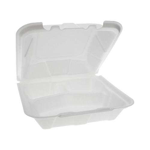 Gordon Food Service Gordon Choice 9 x 9" Vented PS Foam 3-Compartment Hinged Lid Container, White, 150 ct.