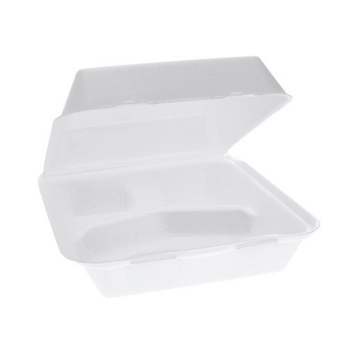 Pactiv Evergreen 8.4 x 8.4" PS Foam 3-Compartment Hinged Lid Container, White, 150 ct.