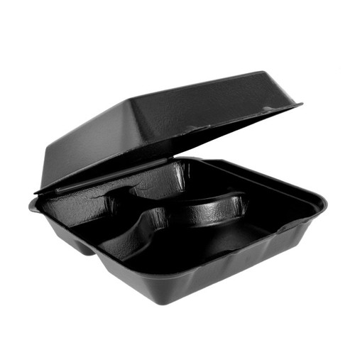 Pactiv Evergreen 9 x 9" PS Foam Double Laminated 3-Compartment Hinged Lid Container, Black, 150 ct.