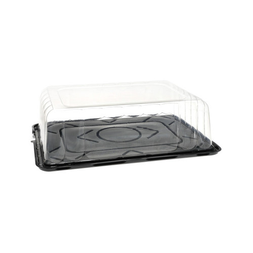 Pactiv Evergreen 4.25” RoseDome Lid and Base with Tab on Short Side for 1/4 Sheet Cake, Black/Clear, 65 ct.