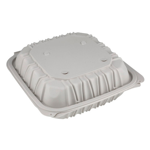 EarthChoice 8.5 x 8.5" Vented 3-Compartment MFPP Hinged Lid Container with Printed Sleeves, White, 146 ct.