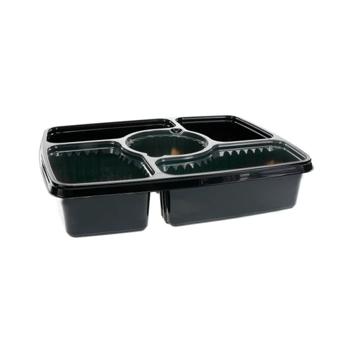Pactiv Evergreen 11 x 14” 124 oz. 4-Compartment Square Platter with Medium Dip Cup, Black, 75 ct.