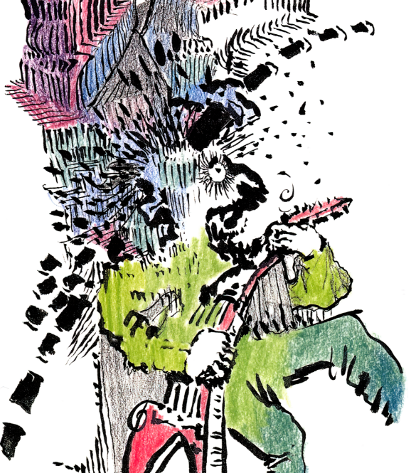 Artwork of man playing a guitar by Jerry Garcia titled "Wired Crossroads"