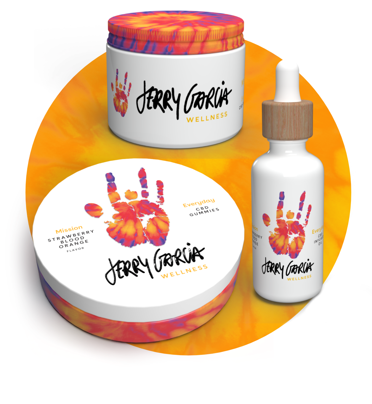 A selection of Jerry Garcia wellness 100% organic CBD products