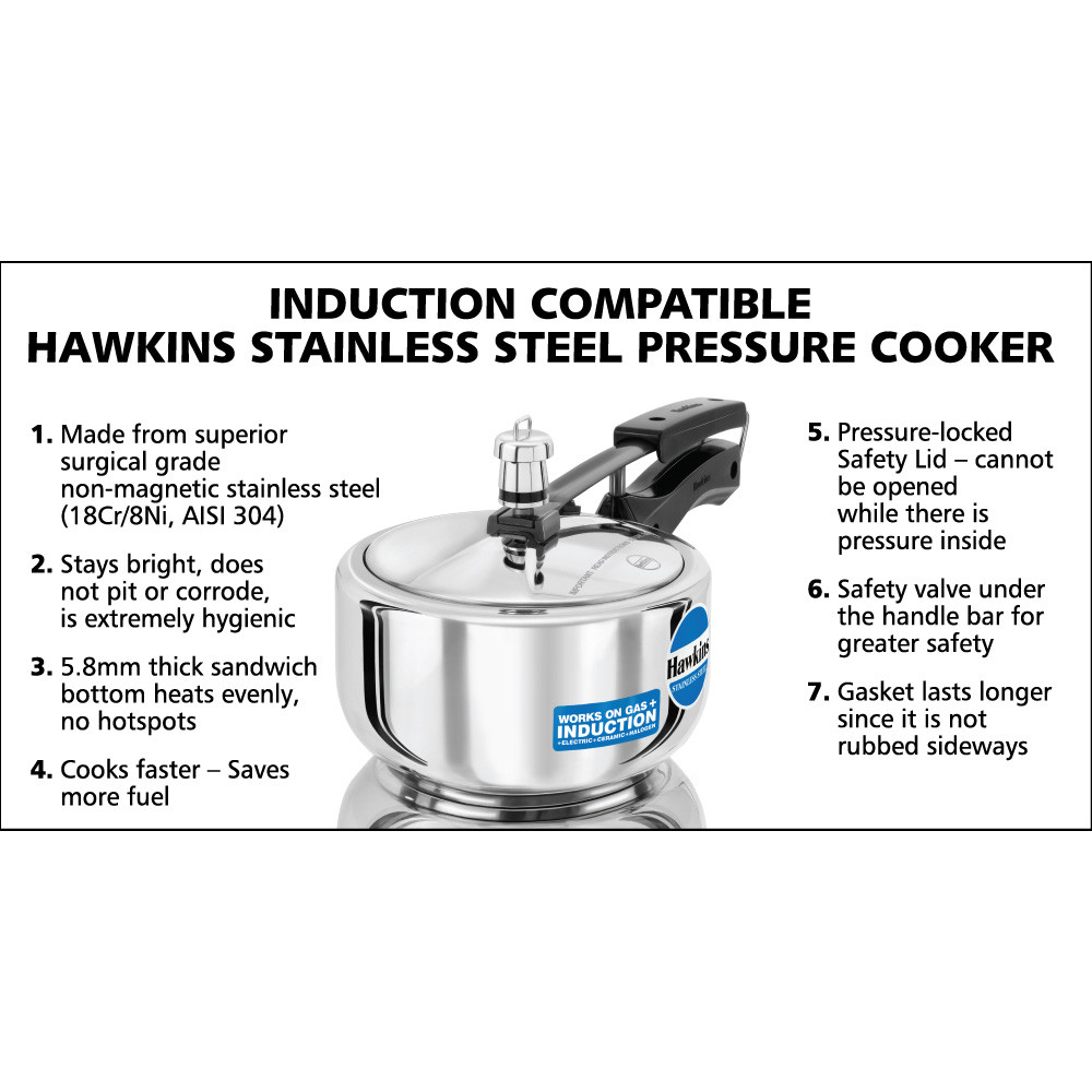 HAWKINS STAINLESS STEEL 2 LITRE PRESSURE COOKER WORKS ON GAS INDUCTION HAWKINS STAINLESS STEEL 2 LITRE PRESSURE COOKER WORKS ON GAS INDUCTION