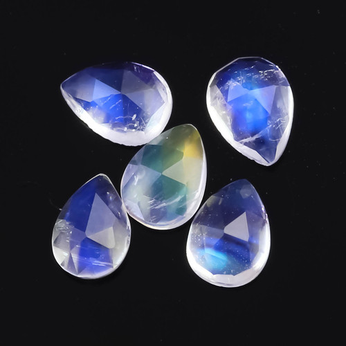 Joopy Gems SALE 595 Rainbow Moonstone AA Rose Cut Cabochon 3x4mm Pear, lot of 5 stones