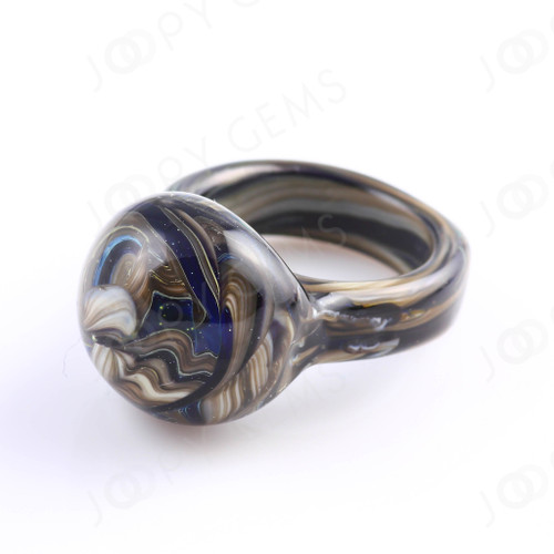 Joopy Gems "Storm" Black, Ivory and Silver Handmade Glass Ring, Size 6