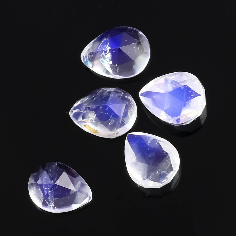 Joopy Gems SALE 595 Rainbow Moonstone AA Rose Cut Cabochon 3x4mm Pear, lot of 5 stones