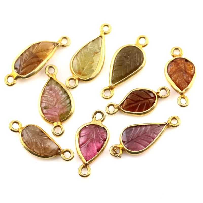 SALE931 Tourmaline Carved Leaf Charms Set in 14ct gold filled silver 5x10mm approx  Lot of 9