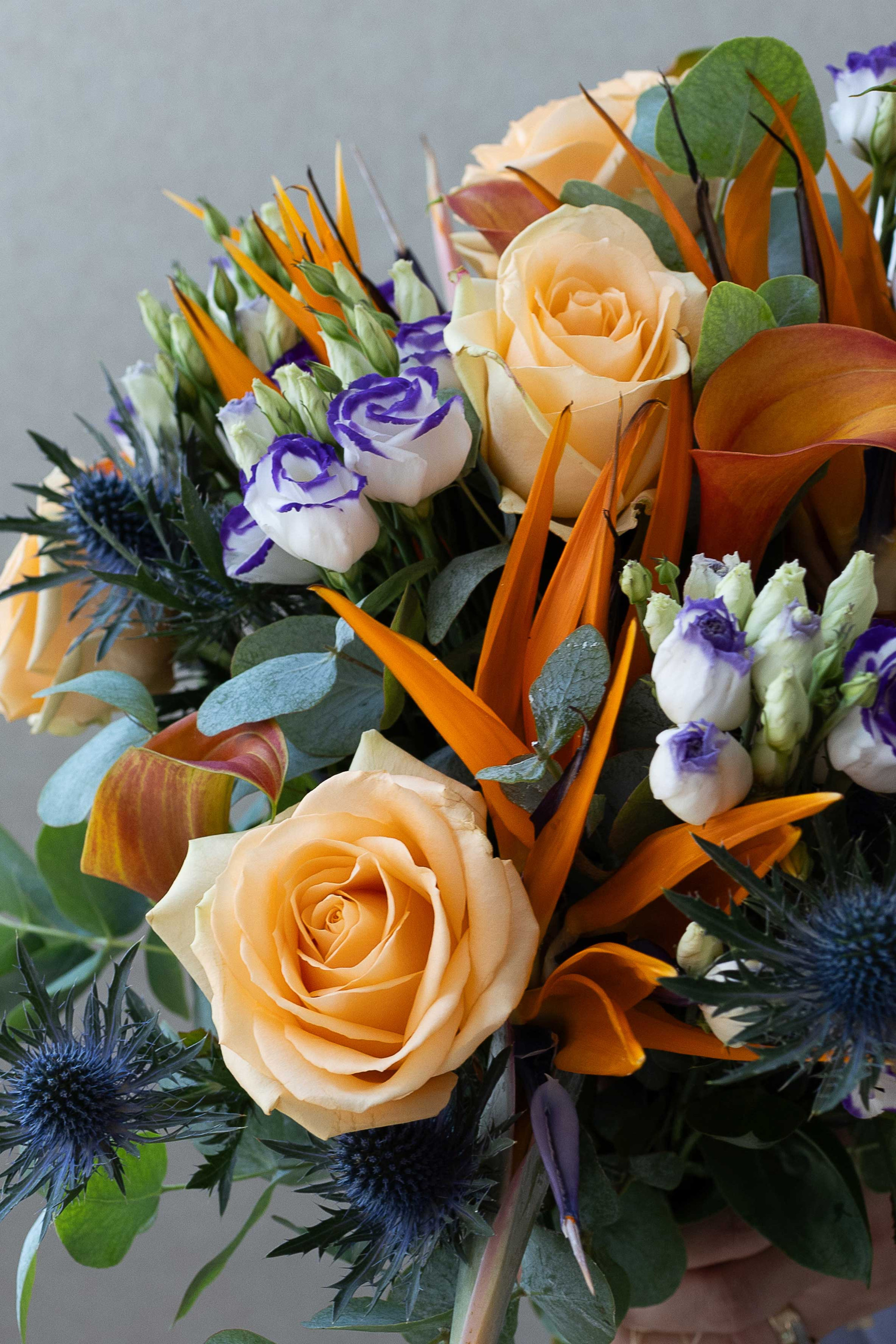 Close-up of peach roses, bird of paradise, lisianthus, blue thistles, and eucalyptus.