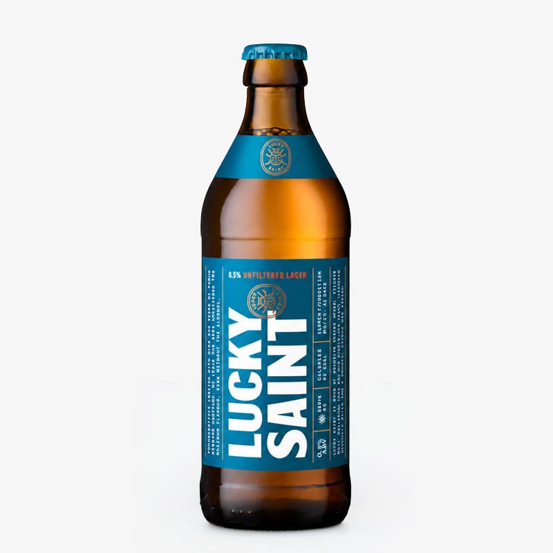 Lucky Saint alcohol-free lager bottle.