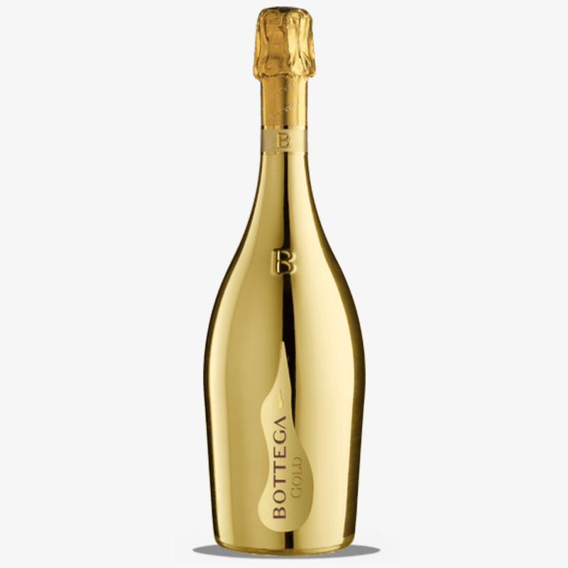 Metallic gold bottle of Bottega Gold Prosecco with embossed logo and vertical BOTTEGA GOLD branding.