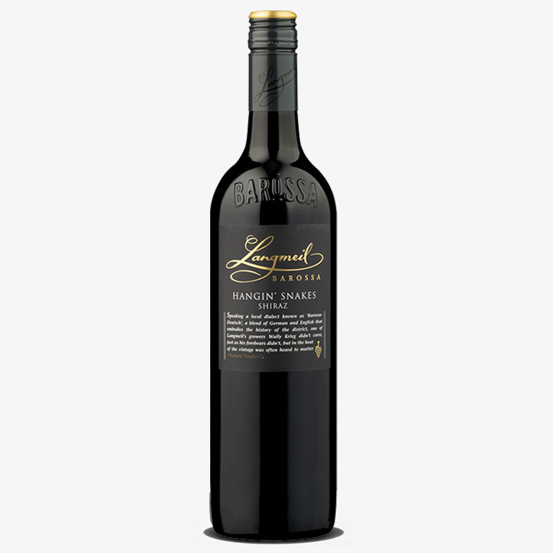 Bottle of Langmeil Hangin' Snakes Shiraz with black label, gold lettering, and embossed BAROSSA on the bottle shoulder