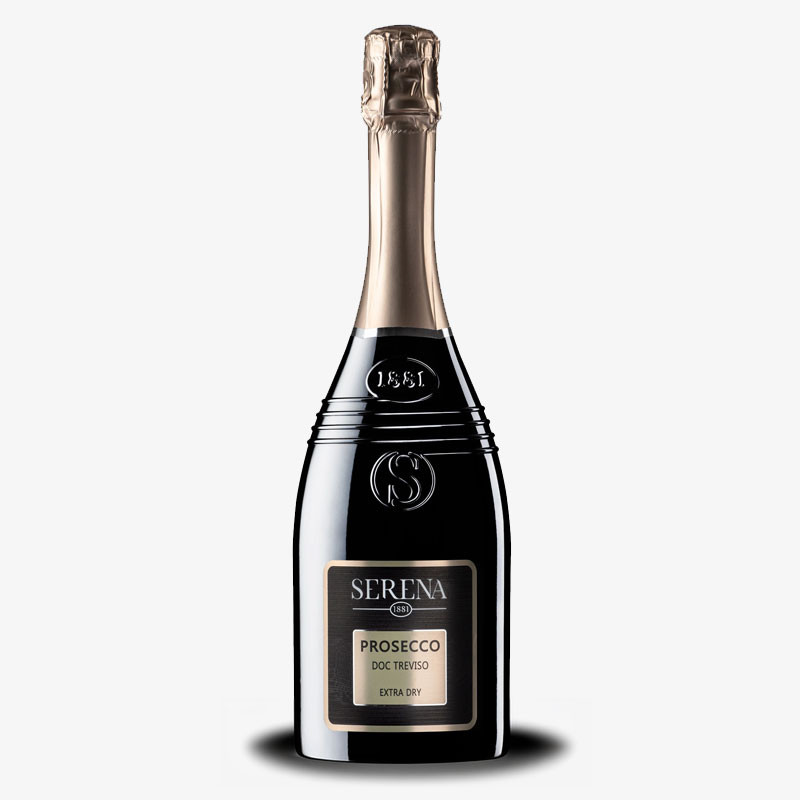Bottle of Serena 1881 Prosecco DOC Treviso Extra Dry with black and gold label