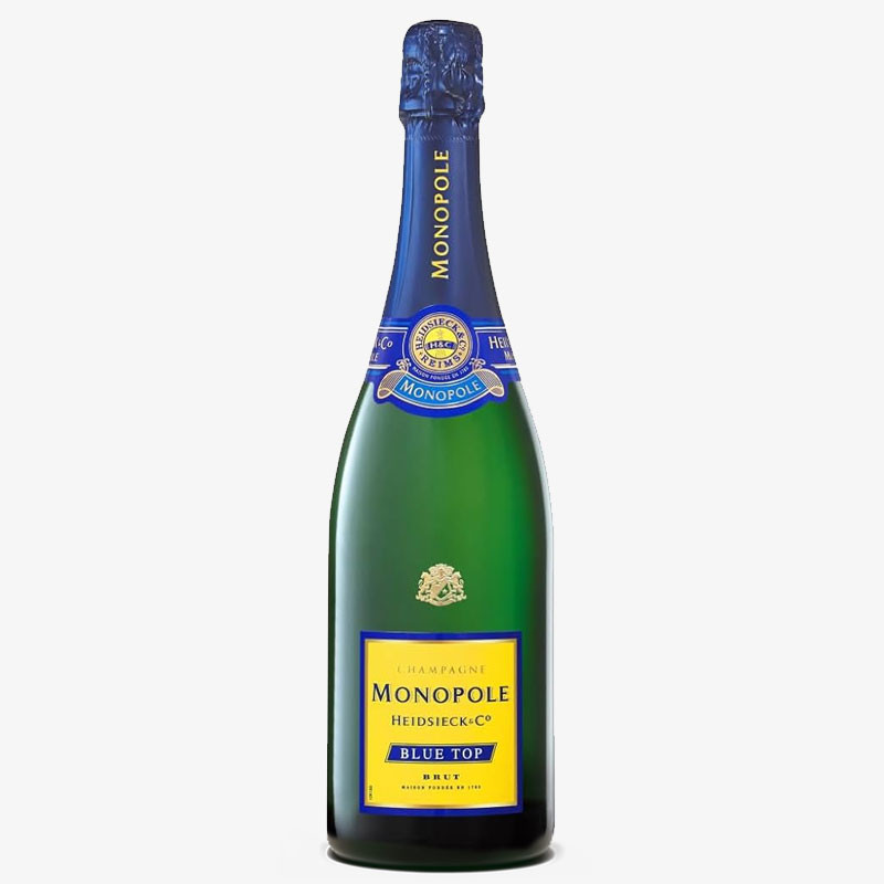 Bottle of Heidsieck Monopole Blue Top Brut Champagne with blue foil neck and yellow label