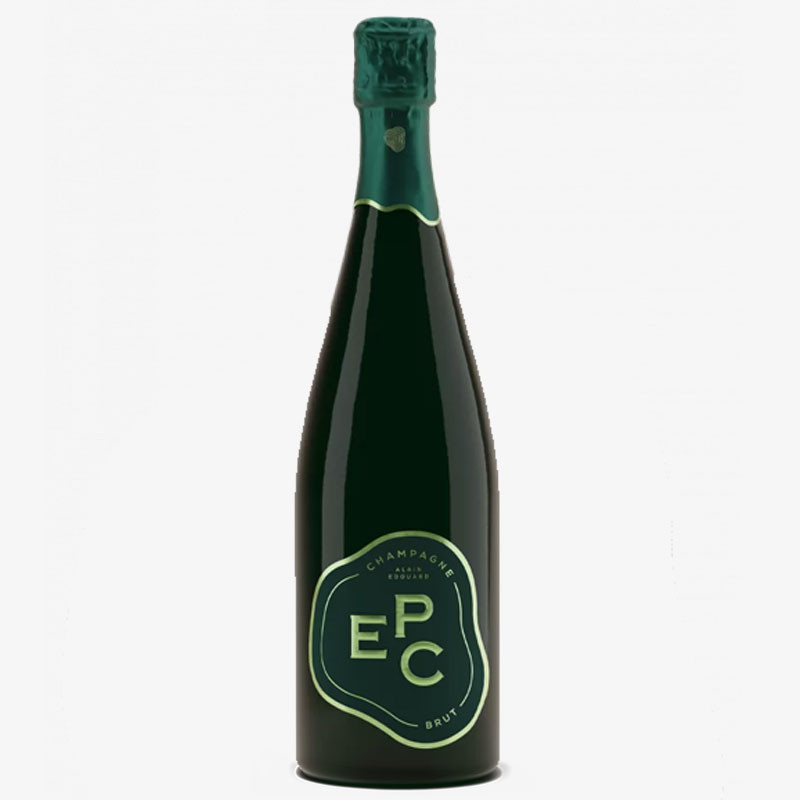 Bottle of EPC Brut Champagne with minimalist black label and green EPC logo