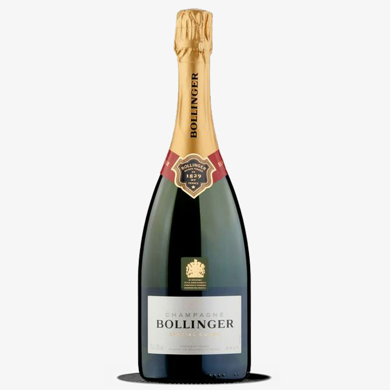 Bottle of Bollinger Special Cuvée Champagne with silver label and gold foil neck