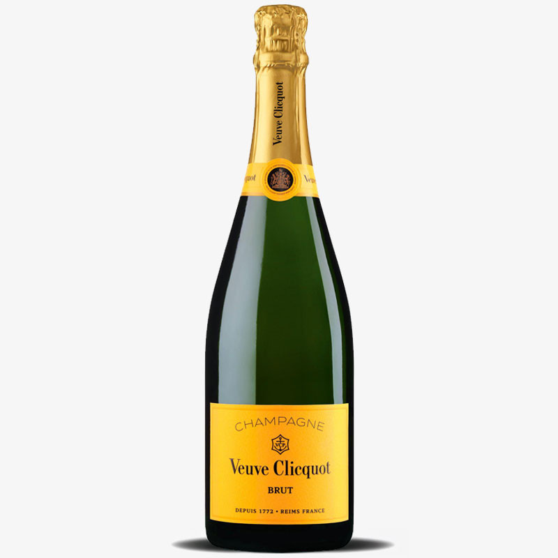 Bottle of Veuve Clicquot Brut Champagne with signature yellow label and gold foil neck