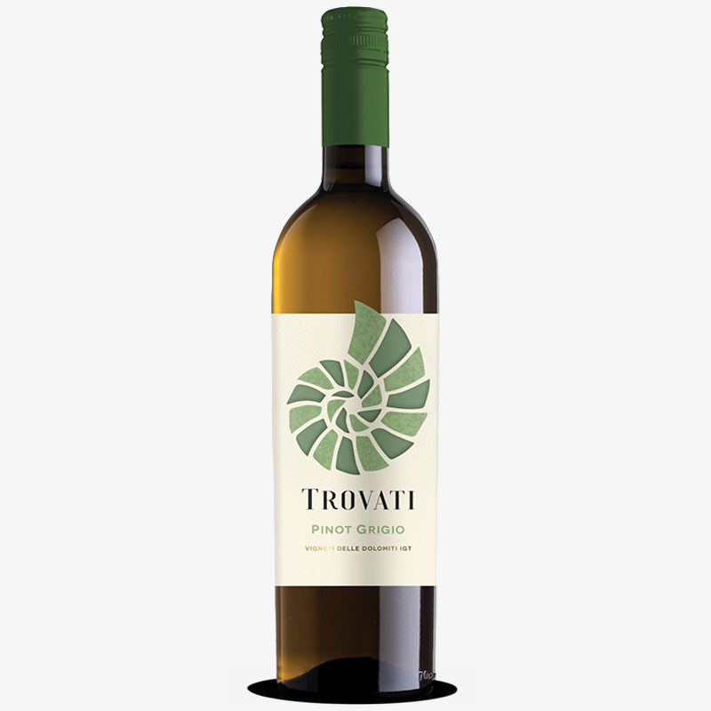 Bottle of Trovati Pinot Grigio white wine with green shell-design label