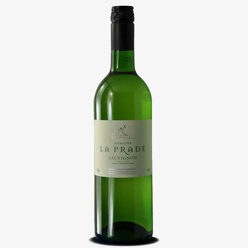Bottle of Domaine La Prade Sauvignon white wine with cream label and black screw cap