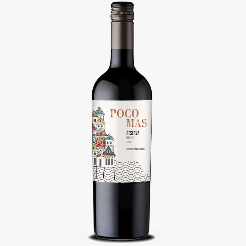 Bottle of Poco Mas Reserva Merlot red wine with colourful illustrated house label