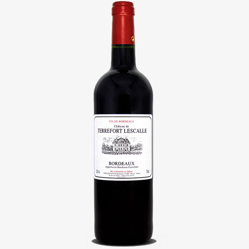 Bottle of Château Terrefort Lescalle Bordeaux red wine