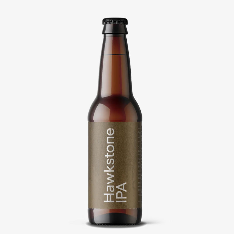 Hawkstone IPA bottle on a light grey background.