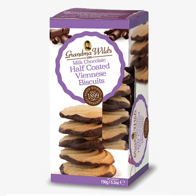 Box of Grandma Wild's milk chocolate half coated Viennese biscuits with swirled biscuits visible through a side window and partially dipped in milk chocolate.