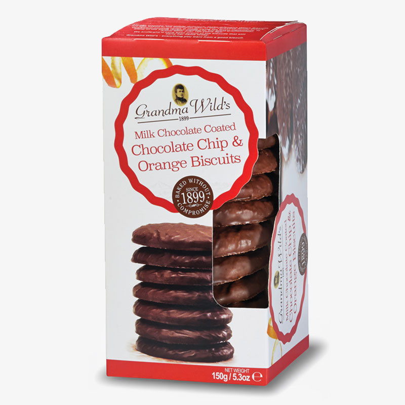 Box of Grandma Wild's milk chocolate coated chocolate chip and orange biscuits with chocolate-covered biscuits visible through a side window.