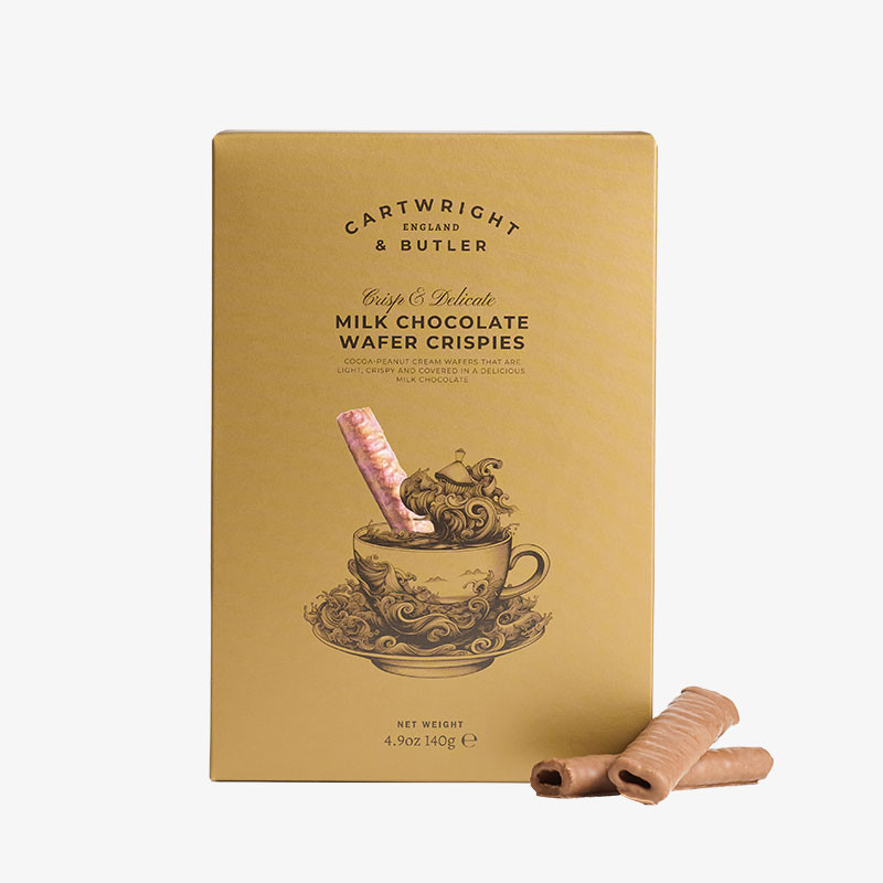 Gold box of Cartwright & Butler Milk Chocolate Wafer Crispies with two milk chocolate-coated wafer rolls displayed alongside.