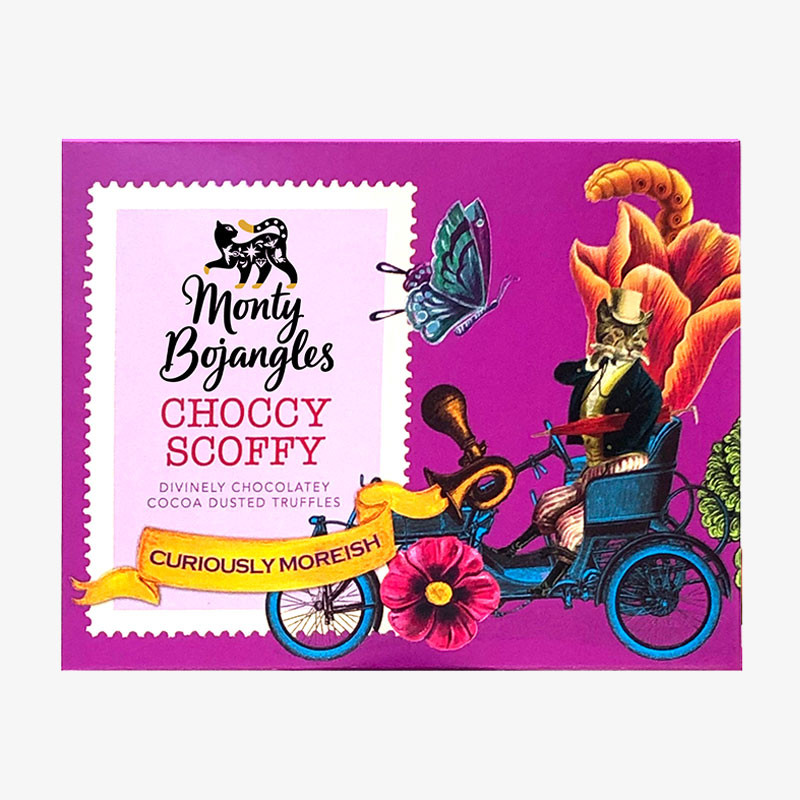 Monty Bojangles Choccy Scoffy cocoa-dusted truffles in a bright pink box with carriage and floral illustrations.