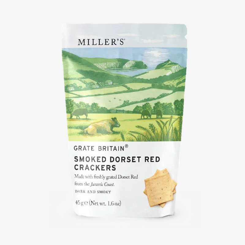 Bag of Miller’s Grate Britain Smoked Dorset Red Crackers with countryside artwork, 45g.