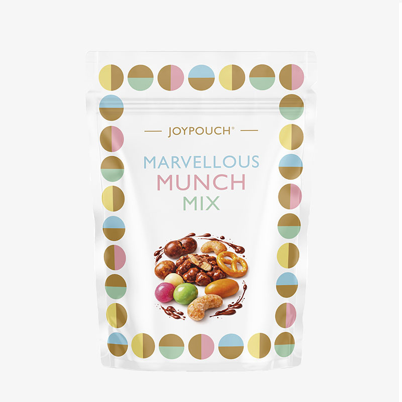 White JoyPouch Marvellous Munch Mix pouch featuring a colourful sweet and savoury snack mix with nuts, pretzels and chocolate-coated treats.