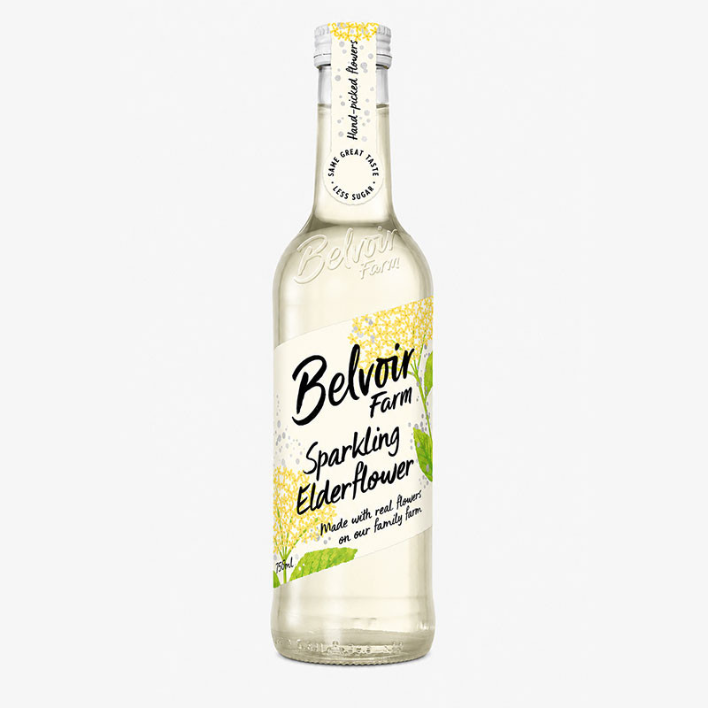 Bottle of Belvoir Farm Sparkling Elderflower with a white label decorated with elderflower blossoms.