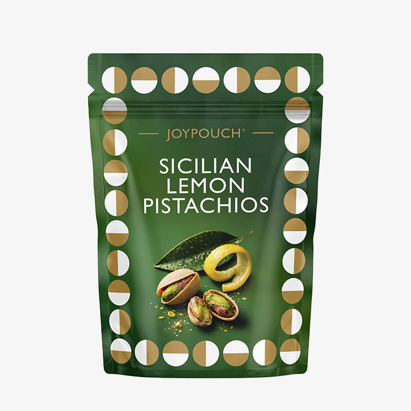 Green JoyPouch Sicilian Lemon Pistachios pouch with images of pistachios and lemon peel on the front.