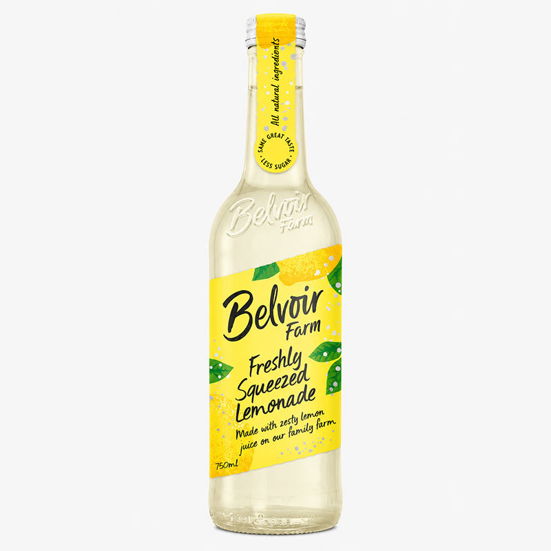 Bottle of Belvoir Farm Freshly Squeezed Lemonade with a bright yellow lemon-themed label.