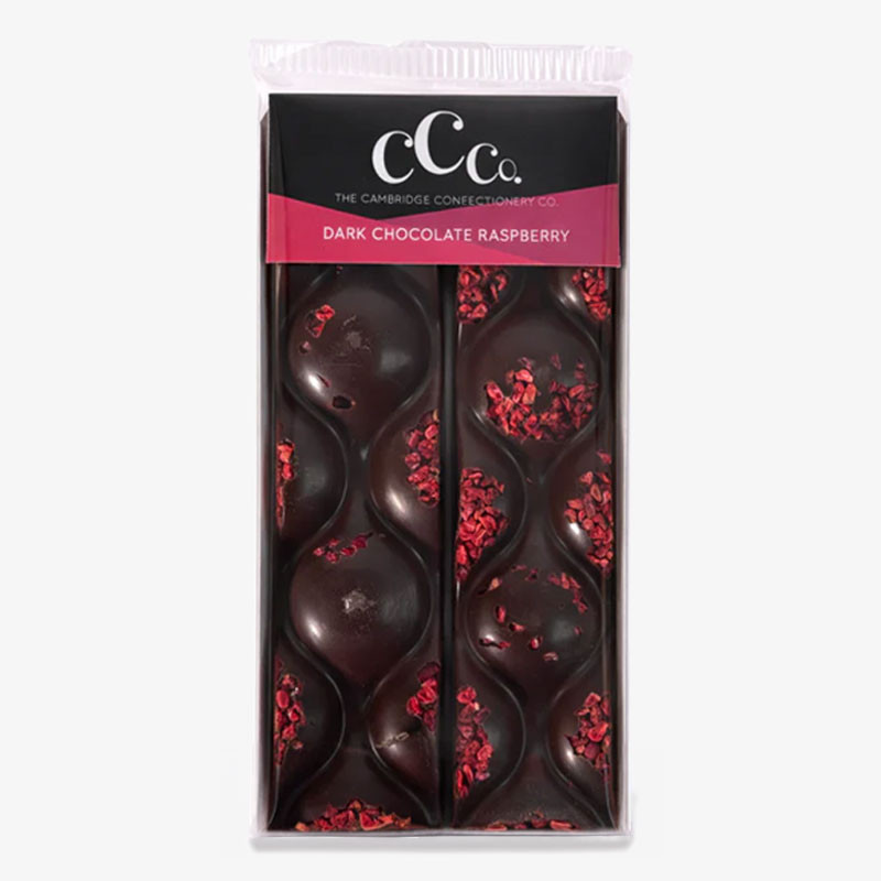 Cambridge Confectionery Co. Dark Chocolate Raspberry bar topped with freeze-dried raspberry pieces.