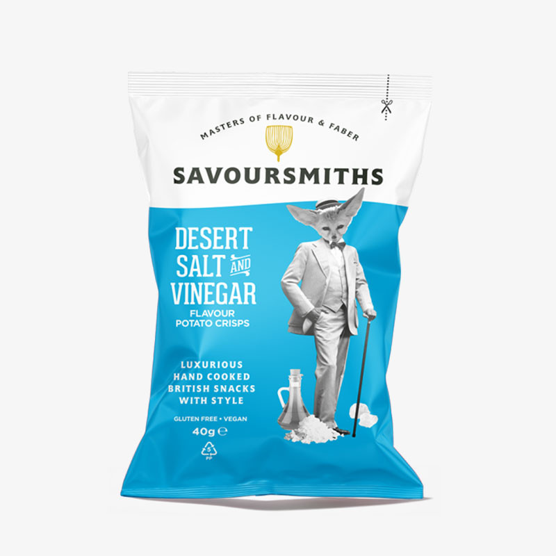 Bag of Savoursmiths Desert Salt & Vinegar hand-cooked potato crisps, 40g.
