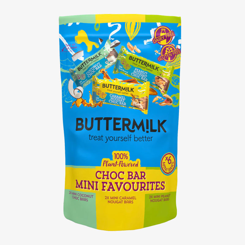 Bright blue Buttermilk Choc Bar Mini Favourites pouch containing six dairy-free, gluten-free, plant-powered mini chocolate bars in three flavours.