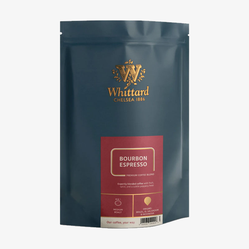 Whittard Bourbon Espresso premium medium roast coffee blend in a navy resealable pouch.