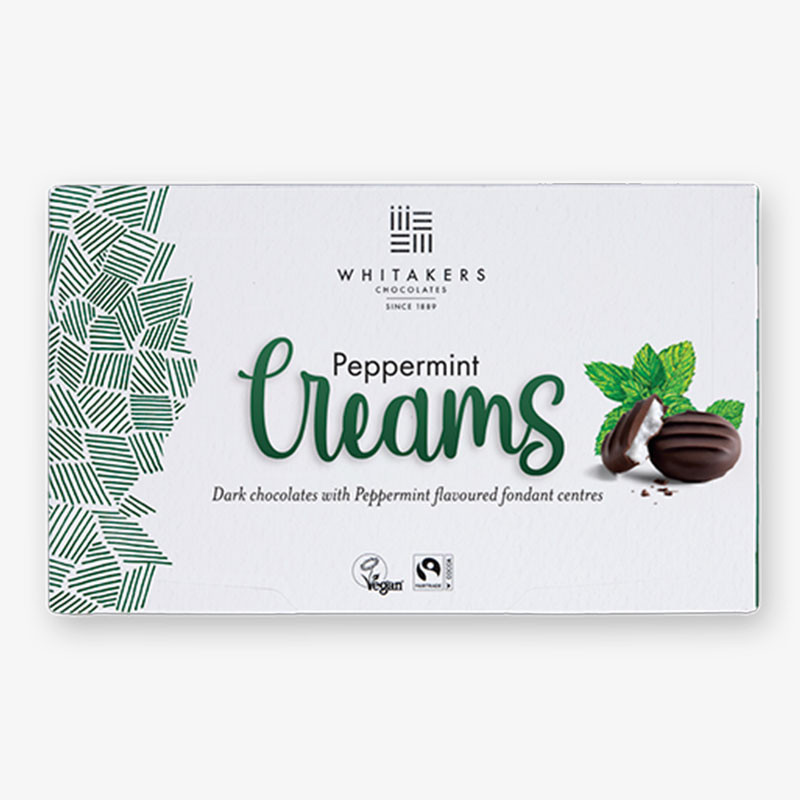 Whitakers Peppermint Creams dark chocolates with peppermint fondant centres in a white box.